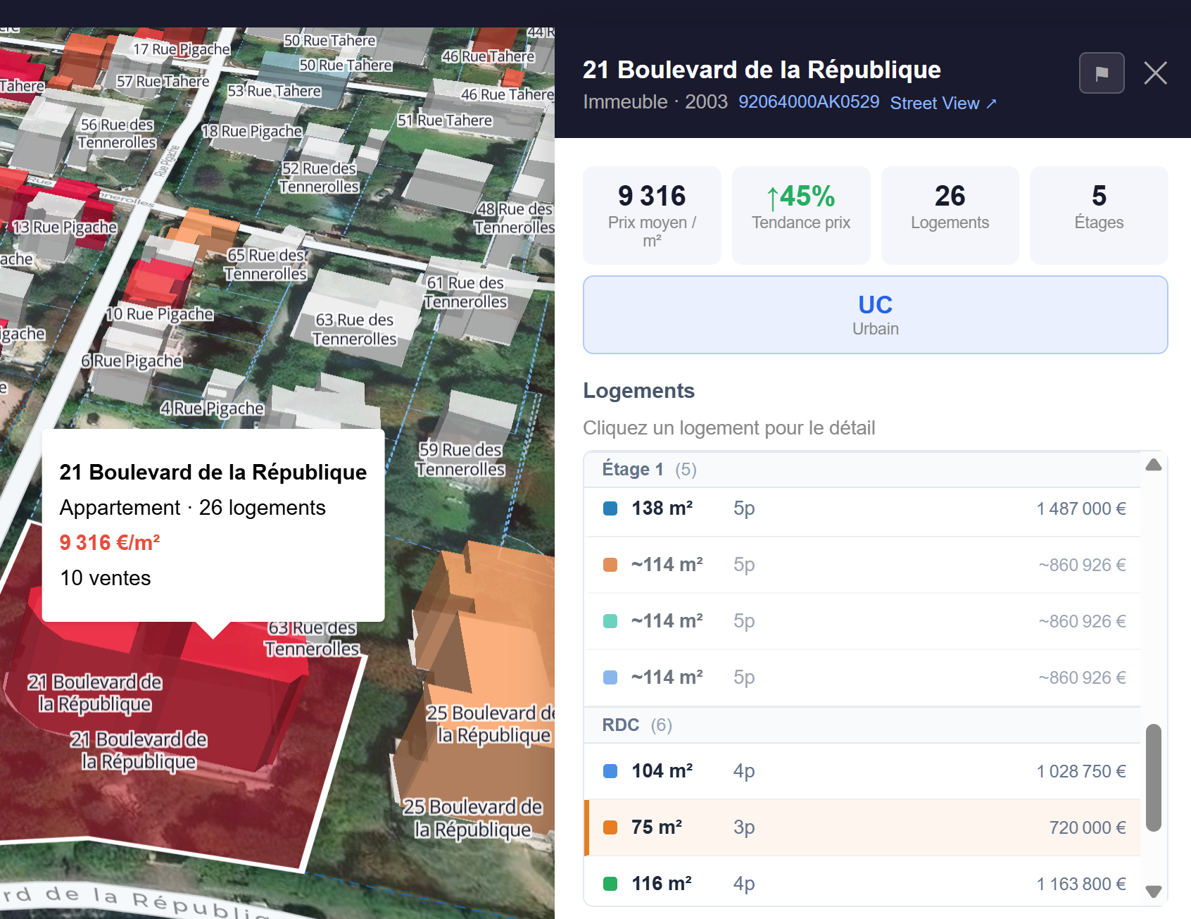 Interface Immobilix — détails d'un bâtiment avec prix, logements et étages